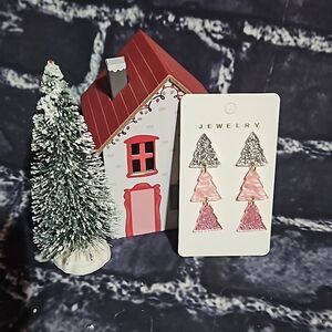 Holiday 🎁 Pink & Silver Dangle Tree Earrings